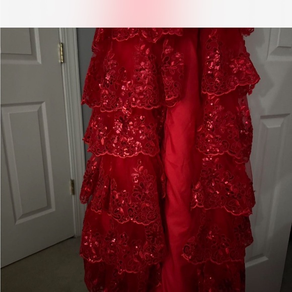 Red Mermaid Prom Dress Beaded Bodice with Ruffle Train - Picture 3 of 5